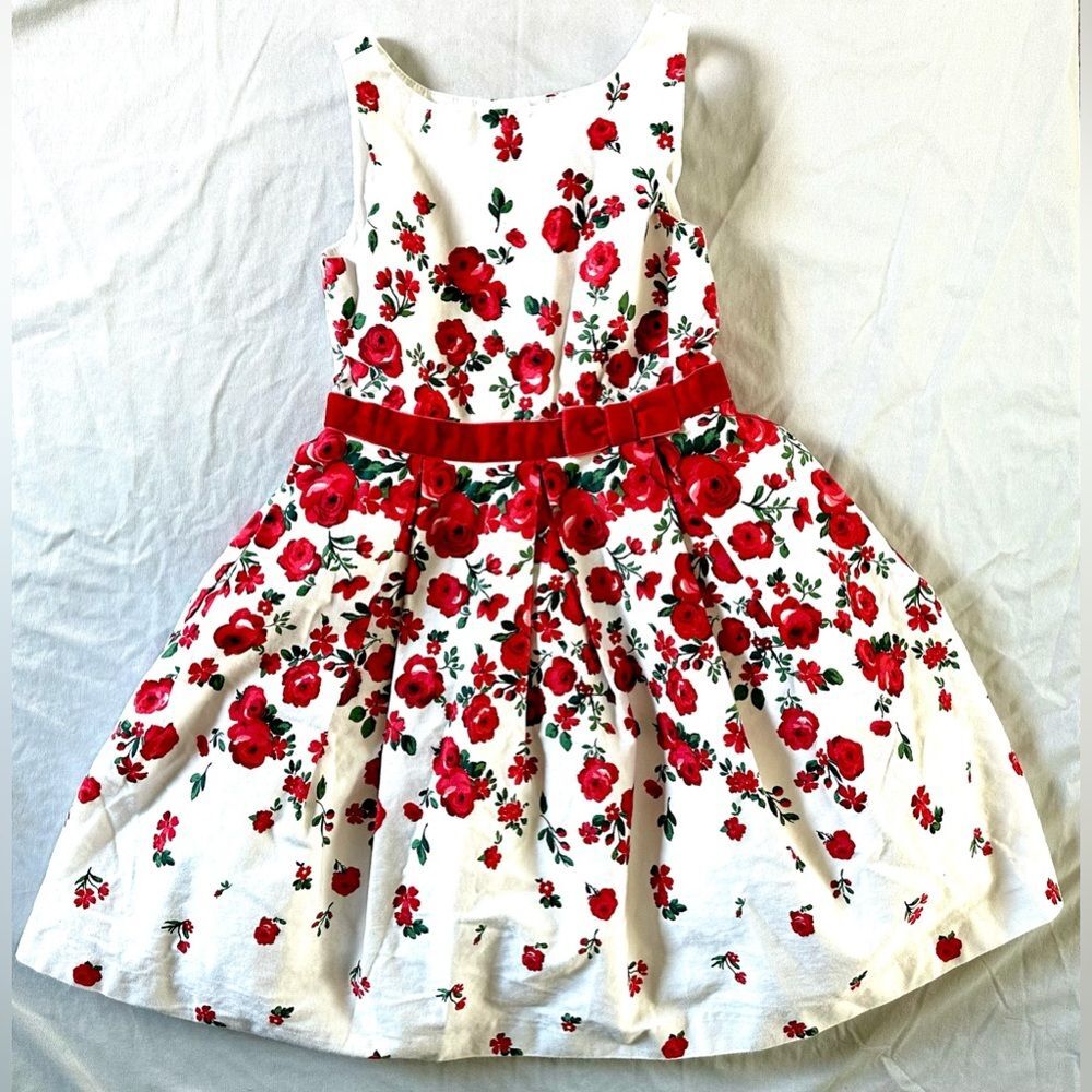 Janie and Jack Girls Dress Size 5 – White Floral Rose Print Party Dress Red Bow